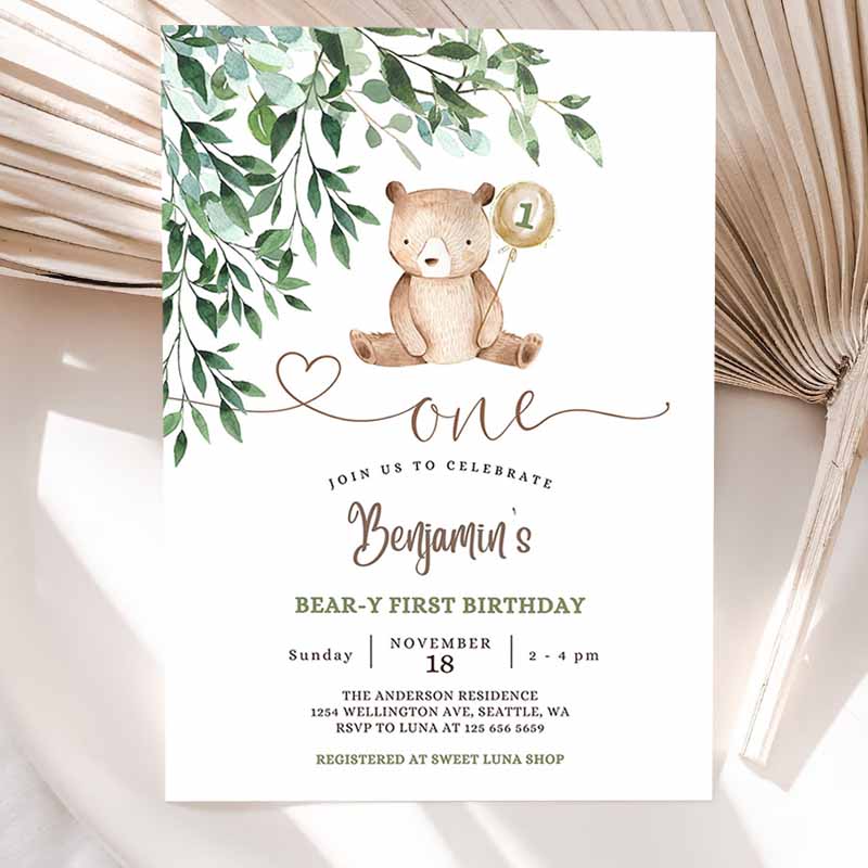 Greenery Beary First Kids Birthday, Boy Teddy Bear Kids Birthday Invitation, Beary Kids Birthday