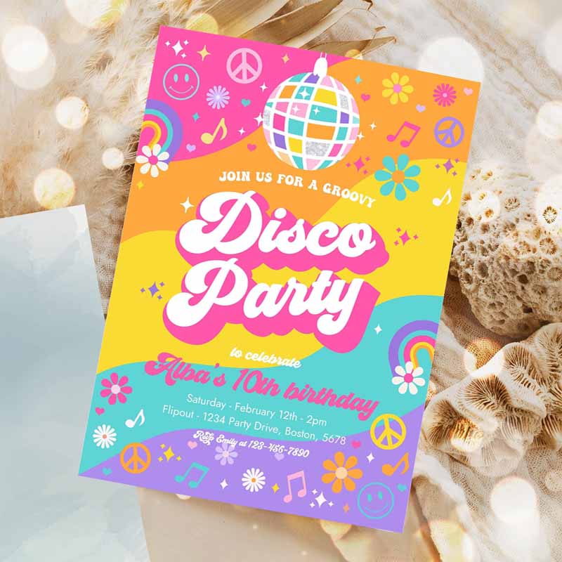 Groovy Disco Party Invitation, Retro Hippie Floral 's Disco Kids Birthday Party, Hippie Disco Dance Kids Birthday Party