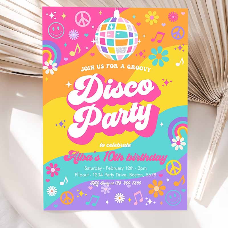 Groovy Disco Party Invitation, Retro Hippie Floral 's Disco Kids Birthday Party, Hippie Disco Dance Kids Birthday Party