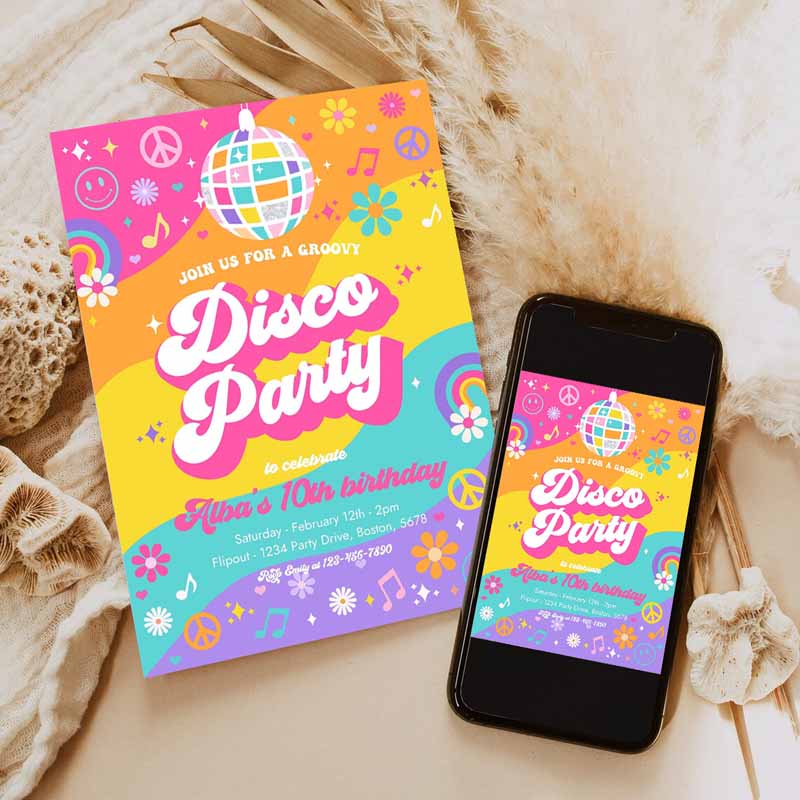 Groovy Disco Party Invitation, Retro Hippie Floral 's Disco Kids Birthday Party, Hippie Disco Dance Kids Birthday Party