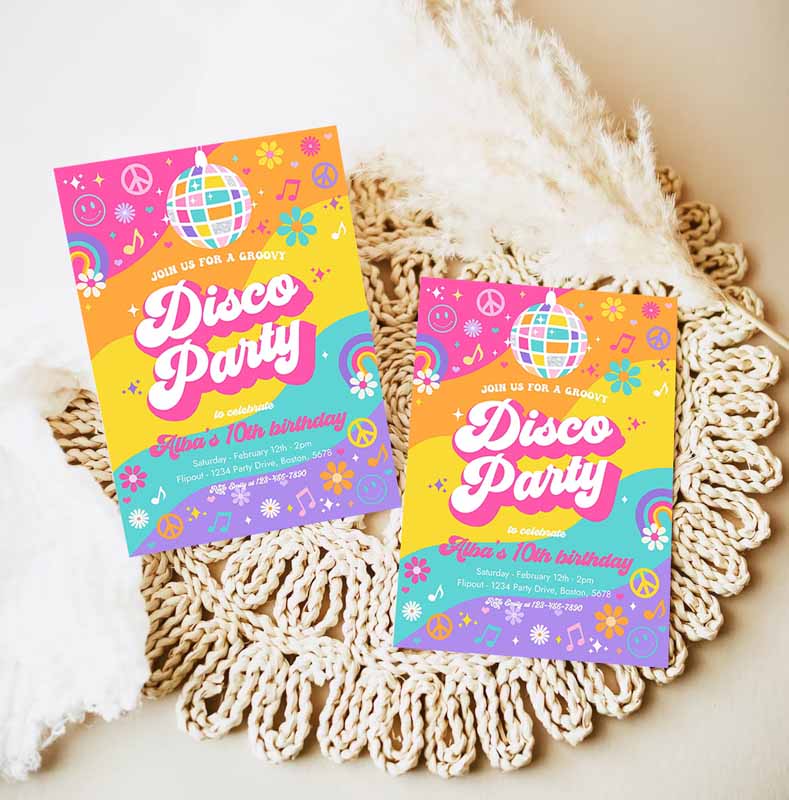 Groovy Disco Party Invitation, Retro Hippie Floral 's Disco Kids Birthday Party, Hippie Disco Dance Kids Birthday Party