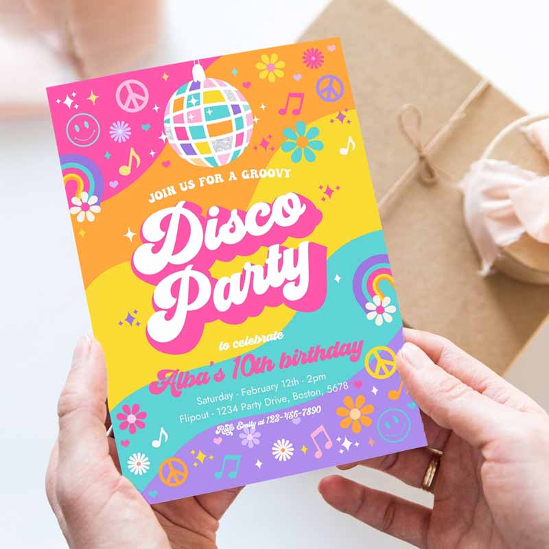 Groovy Disco Party Invitation, Retro Hippie Floral 's Disco Kids Birthday Party, Hippie Disco Dance Kids Birthday Party