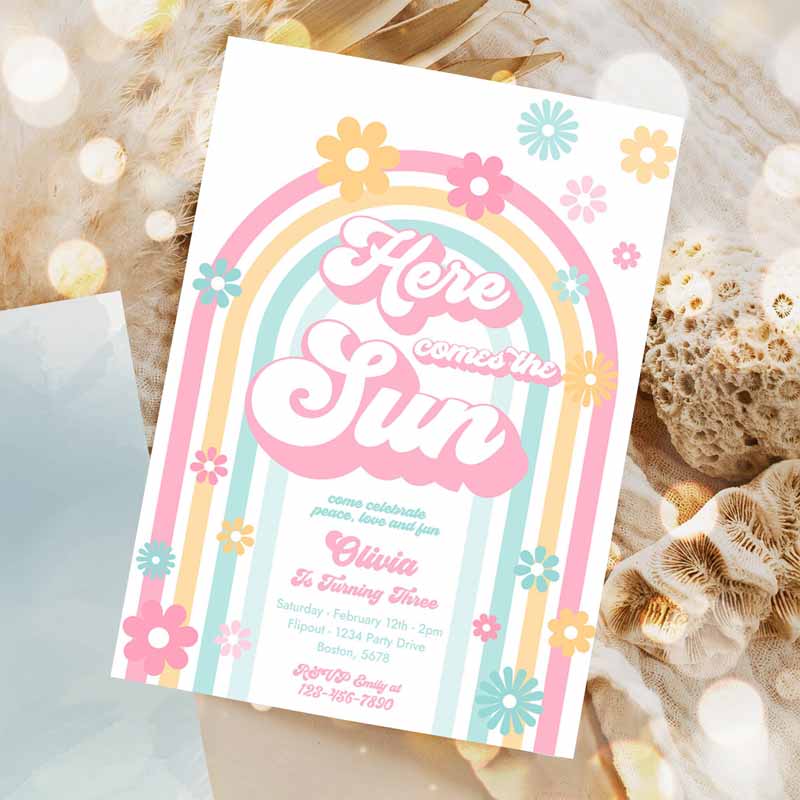 Groovy Here Comese Sun Kids Birthday, Peace Love Party, Rainbow Floral Daisy Hippie Part Invitation