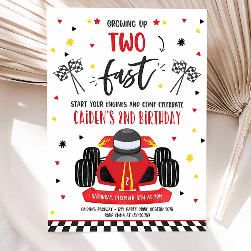 Growing Up Two Fast Kids Birthday Invitation, Race Car Two Fast Kids Birthday, Two Fast Boy Race Car Kids Birthday Party