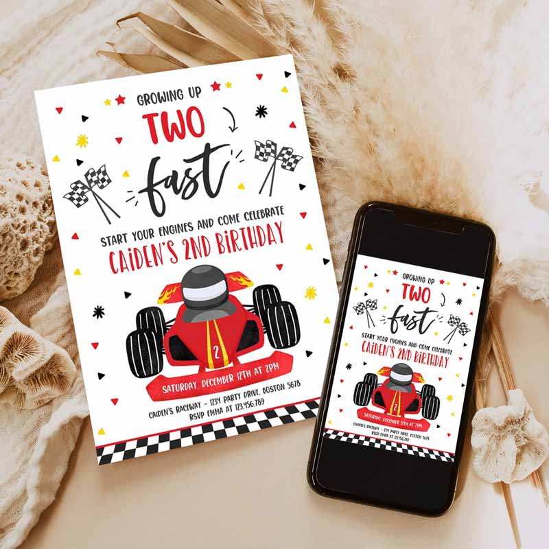 Growing Up Two Fast Kids Birthday Invitation, Race Car Two Fast Kids Birthday, Two Fast Boy Race Car Kids Birthday Party