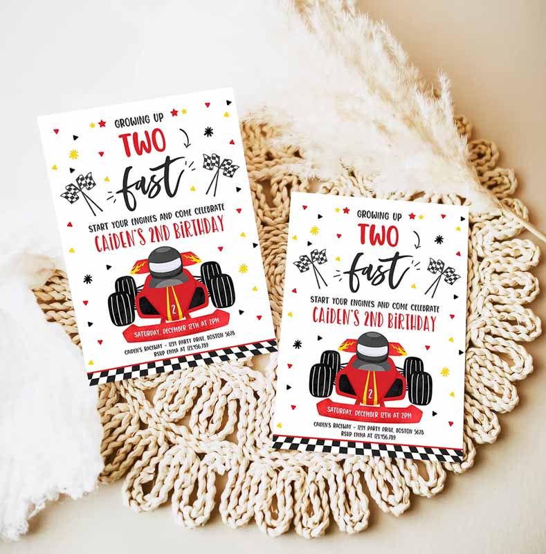 Growing Up Two Fast Kids Birthday Invitation, Race Car Two Fast Kids Birthday, Two Fast Boy Race Car Kids Birthday Party