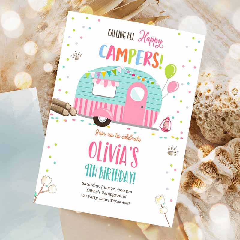 Happy Camper Kids Birthday Invitation, Girl Pink Camping Party, Pink Camper Glamping Download