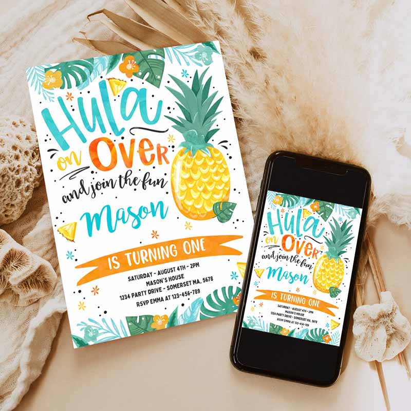 Hawaiian Luau Kids Birthday Invitation, Pineapple Kids Birthday, Luau Kids Birthday, Luau Pineapple Pool Party