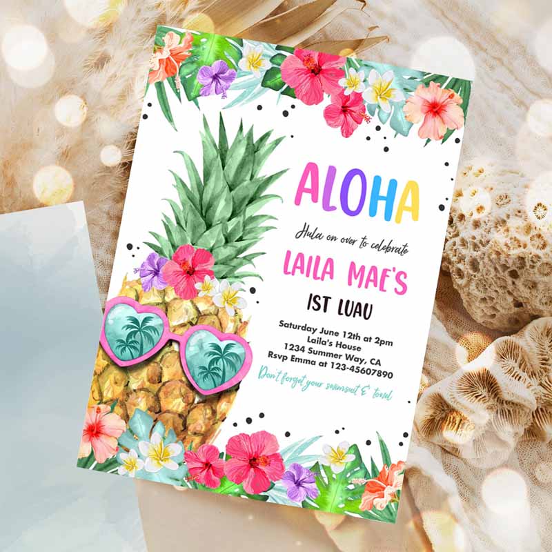 Hawaiian Luau Kids Birthday Invitation, Pineapple Kids Birthday Party, Luau Kids Birthday, Luau Pineapple Pool Party