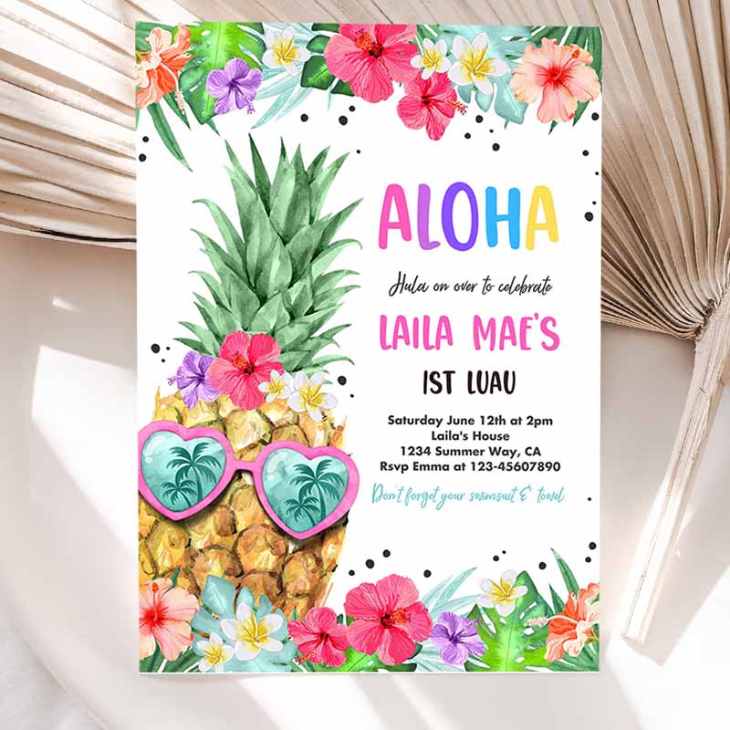 Hawaiian Luau Kids Birthday Invitation, Pineapple Kids Birthday Party, Luau Kids Birthday, Luau Pineapple Pool Party