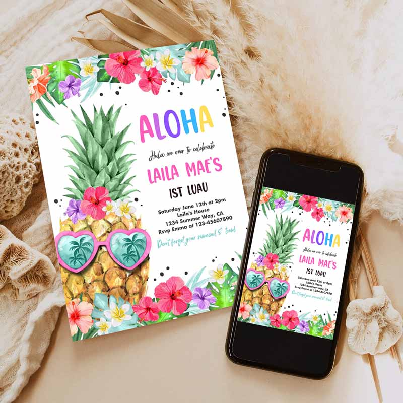 Hawaiian Luau Kids Birthday Invitation, Pineapple Kids Birthday Party, Luau Kids Birthday, Luau Pineapple Pool Party