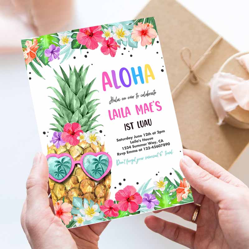 Hawaiian Luau Kids Birthday Invitation, Pineapple Kids Birthday Party, Luau Kids Birthday, Luau Pineapple Pool Party