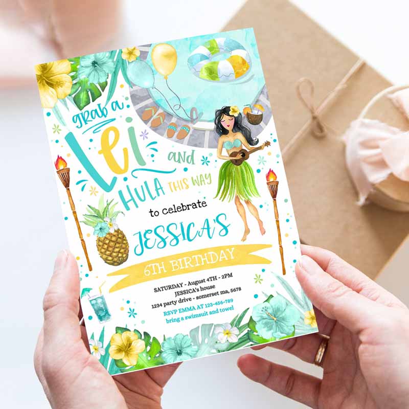 Hawaiian Luau Kids Birthday Invitation, Pineapple Luau Kids Birthday Party, Pineapple Hawaiian Kids Birthday, Luau Pool Party