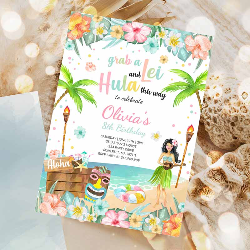 Hawaiian Luau Kids Birthday Invitation, Tropical Luau Pool Party, Kids Birthday Party, Hawaiian Kids Birthday, Luau Pool Party Invitation