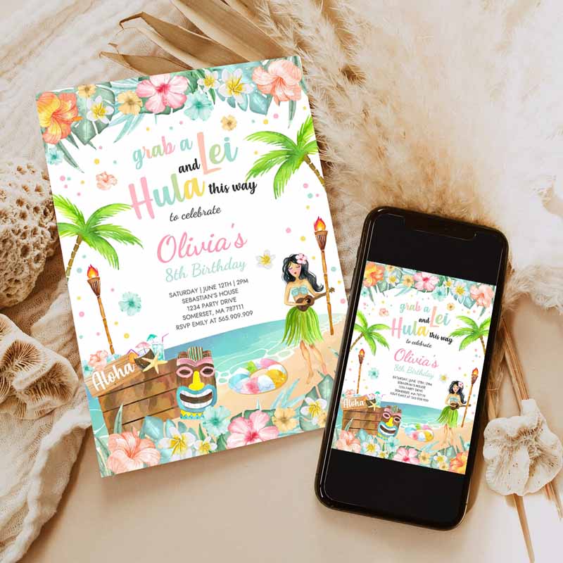 Hawaiian Luau Kids Birthday Invitation, Tropical Luau Pool Party, Kids Birthday Party, Hawaiian Kids Birthday, Luau Pool Party