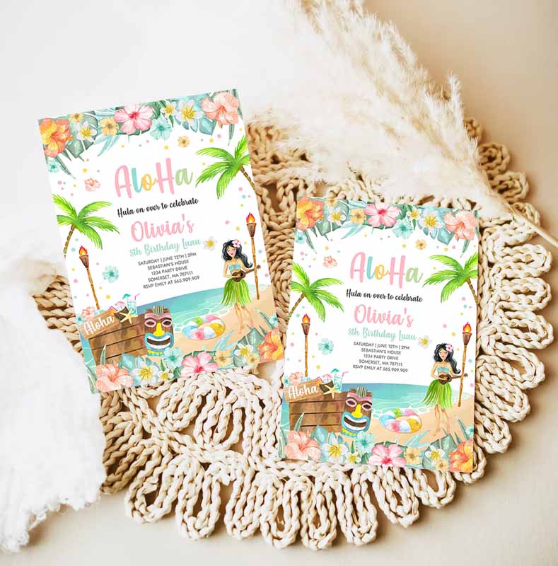 Hawaiian Luau Kids Birthday Invitation, Tropical Luau Pool Party, Kids Birthday Party, Hawaiian Kids Birthday, Luau Pool Party Invitation