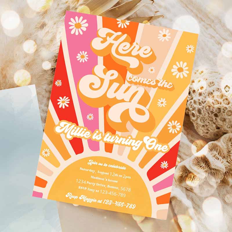 Here Comee Sun Kids Birthday Invitation, Retro Daisy Rainbow Sunshine Trip Arounde Sun Kids Birthday Party