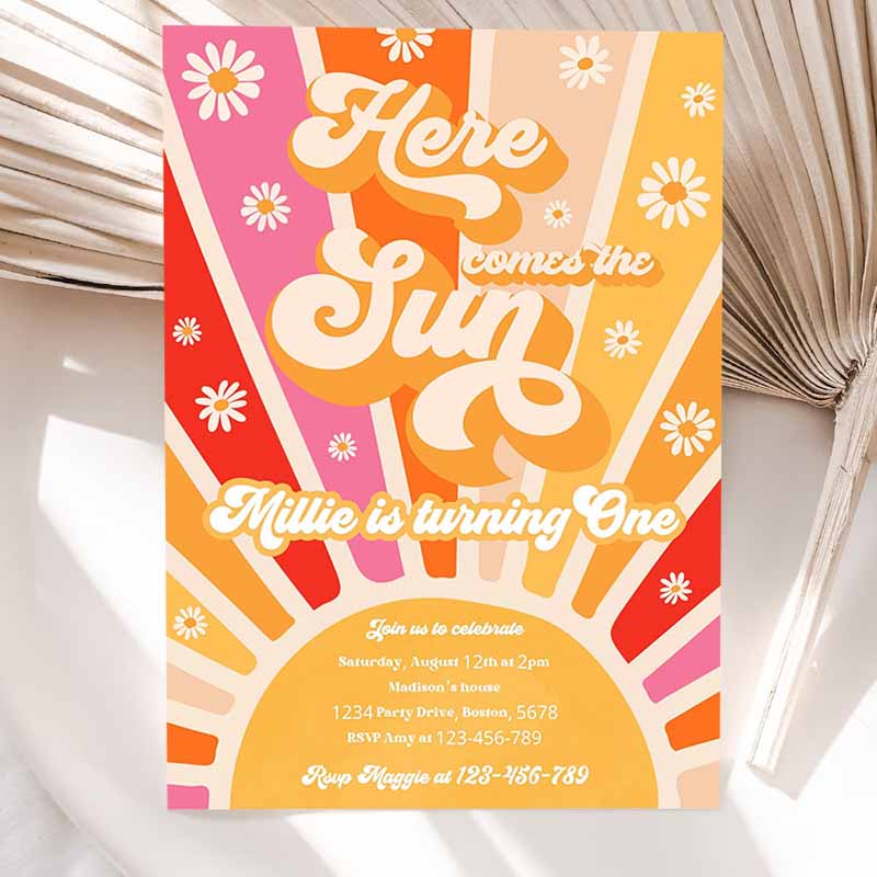 Here Comee Sun Kids Birthday Invitation, Retro Daisy Rainbow Sunshine Trip Arounde Sun Kids Birthday Party