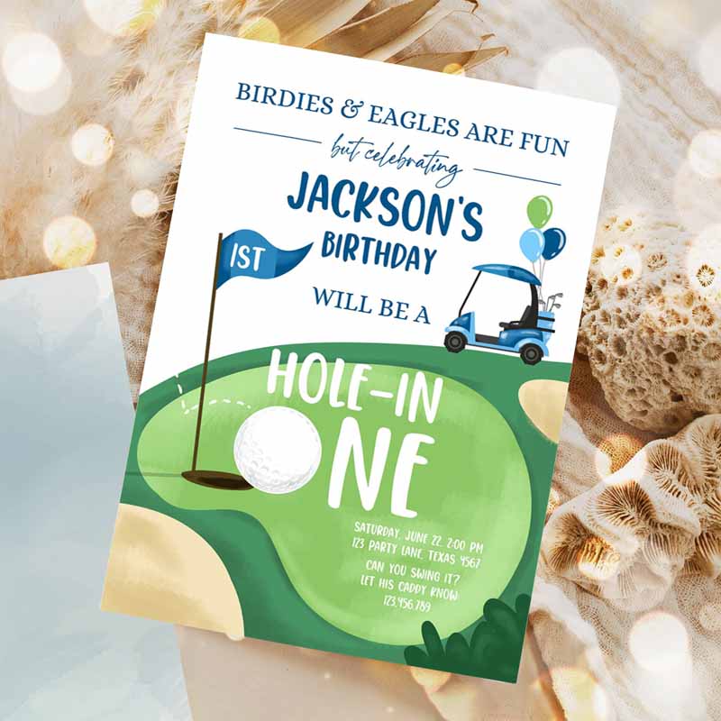 Hole in One Kids Birthday Invitation, Golf First Kids Birthday, Par-tee Golf Invite Boy Golfing Party, Kids Birthday Invitation