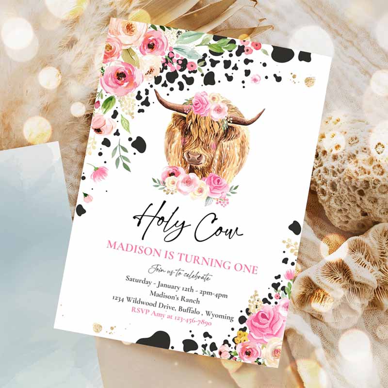 Holy Cow I'm One Kids Birthday, Pink Floral Farm Ranch Highland Cow Kids Birthday