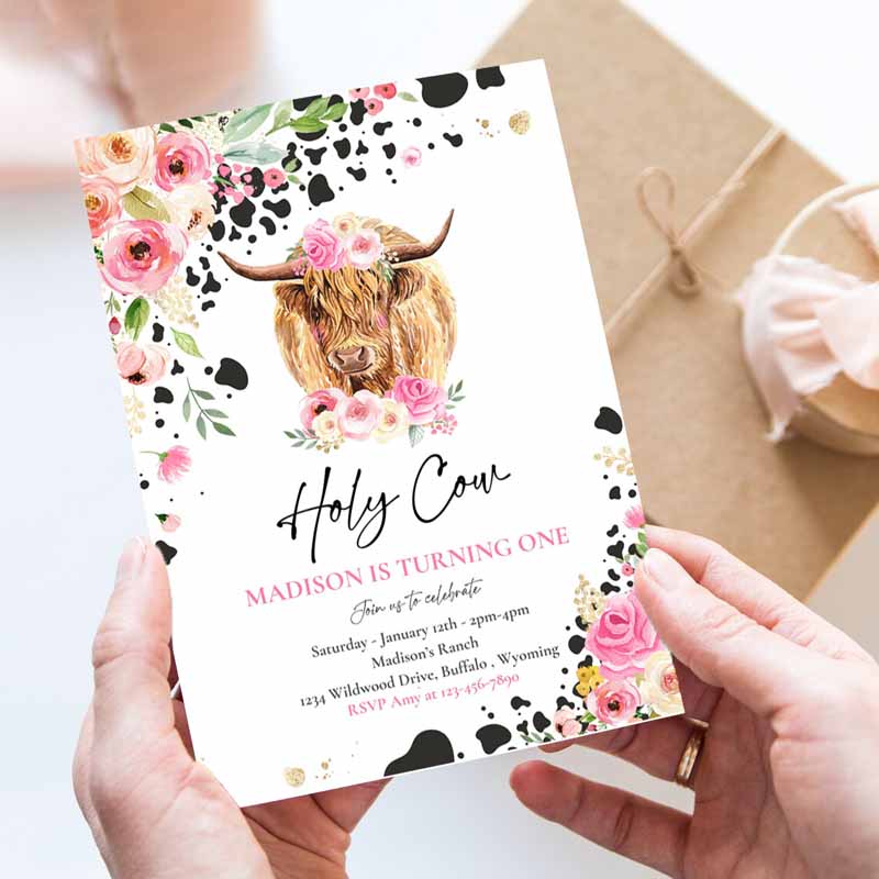 Holy Cow I'm One Kids Birthday, Pink Floral Farm Ranch Highland Cow Kids Birthday