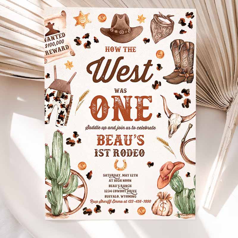 Howe West Was One Kids Birthday, Cowboy Kids Birthday Invitation, Wild West Cowboy Rodeo Kids Birthday Party