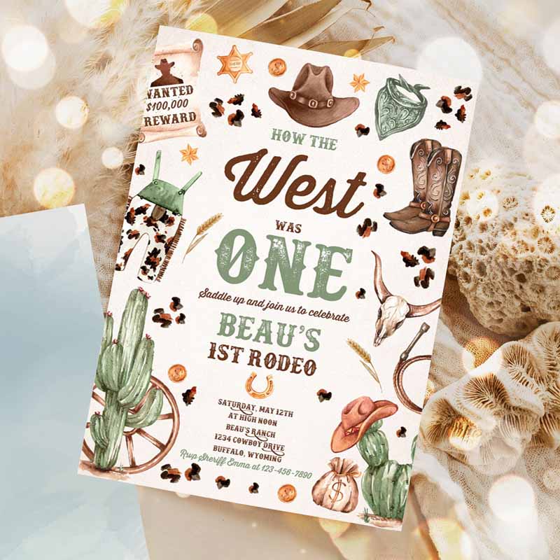 Howe West Was One Kids Birthday, Cowboy Kids Birthday Invitation, Wild West Cowboy Rodeo Kids Birthday Party