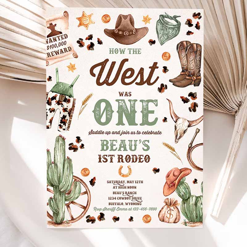 Howe West Was One Kids Birthday, Cowboy Kids Birthday Invitation, Wild West Cowboy Rodeo Kids Birthday Party