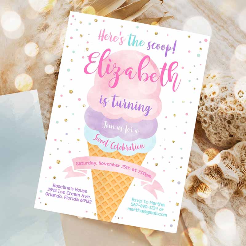 Ice Cream Kids Birthday Invitation, First Kids Birthday Party, Here'se Scoop Cone Pink Mint Gold Purple Invitation