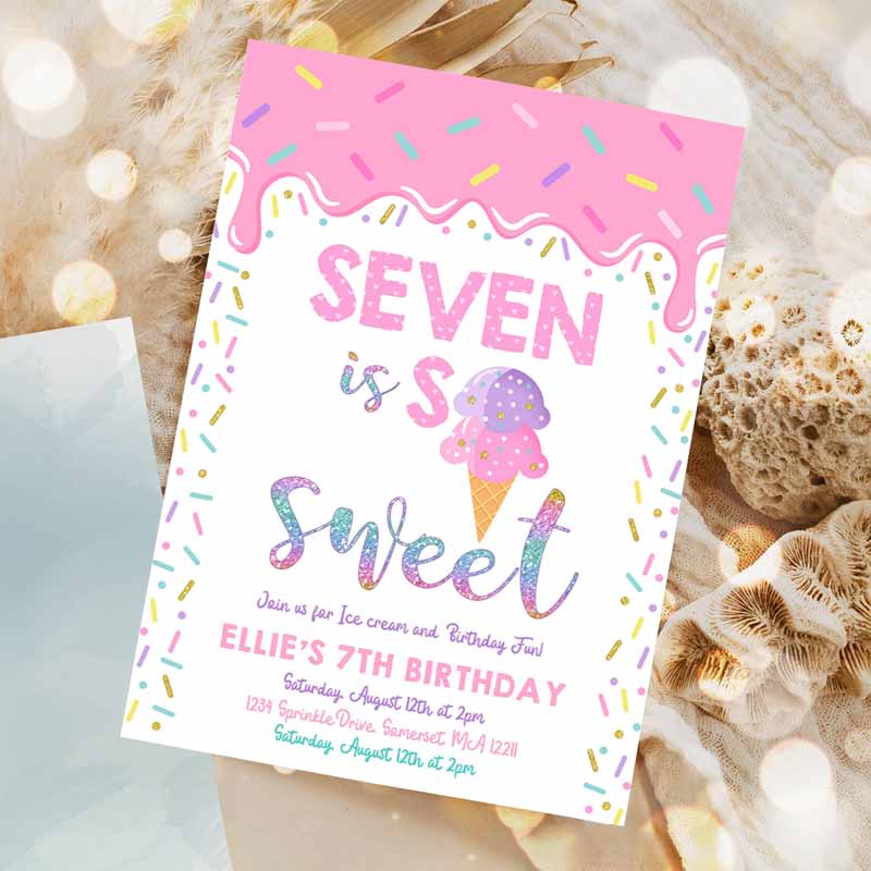 Ice Cream Invitation, Seven Is So Sweet Kids Birthday Invitation, Ice Cream Kids Birthday Party, Sweet Ice Cream Party Invitation