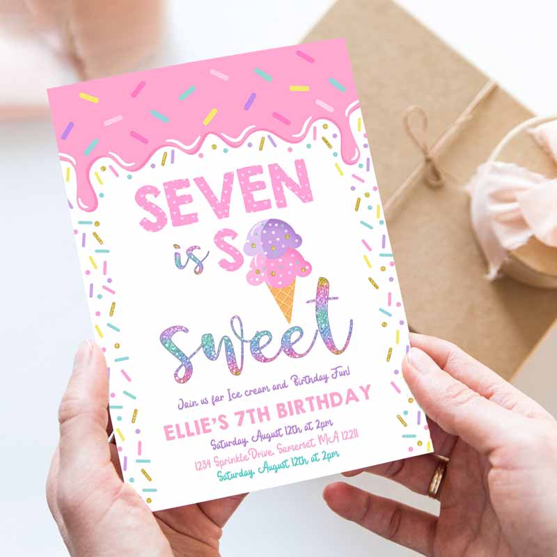 Ice Cream Invitation, Seven Is So Sweet Kids Birthday Invitation, Ice Cream Kids Birthday Party, Sweet Ice Cream Party