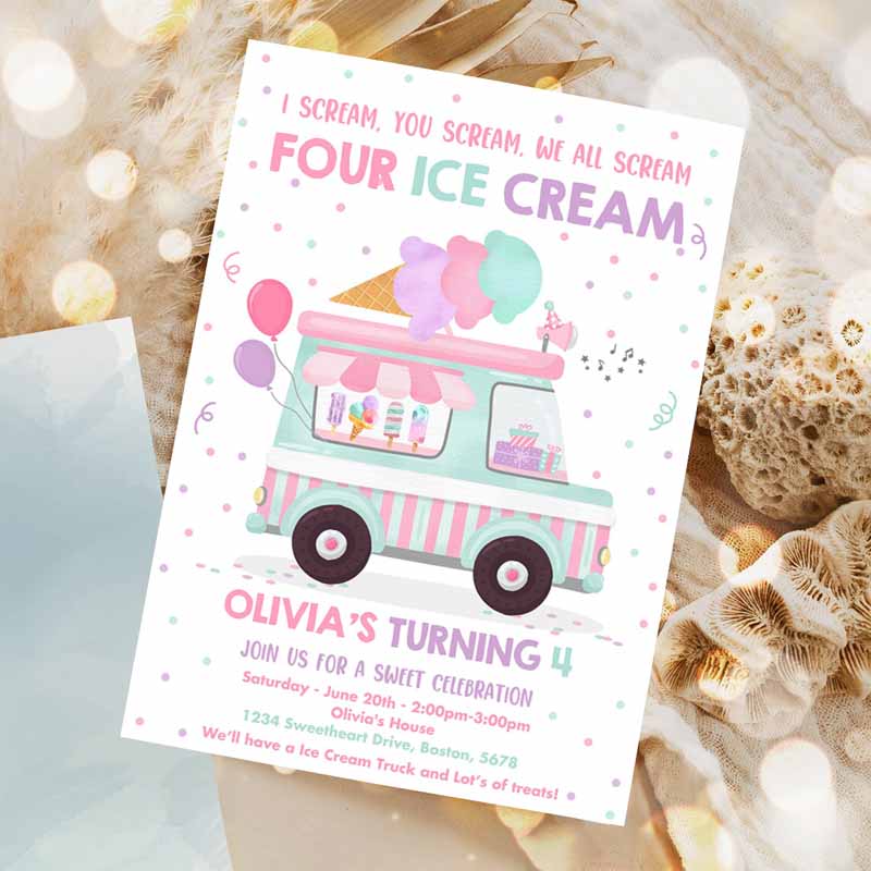 Ice Cream Truck Kids Birthday Invitation, I scream You Scream We All Scream Four Ice Cream Kids Birthday Party Invitation