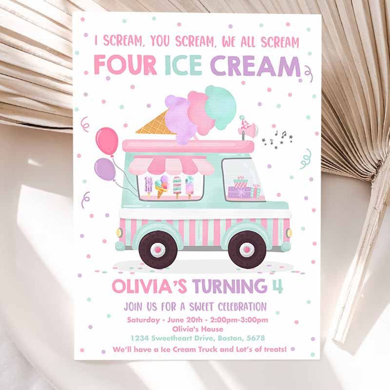 Ice Cream Truck Kids Birthday Invitation, I scream You Scream We All Scream Four Ice Cream Kids Birthday Party