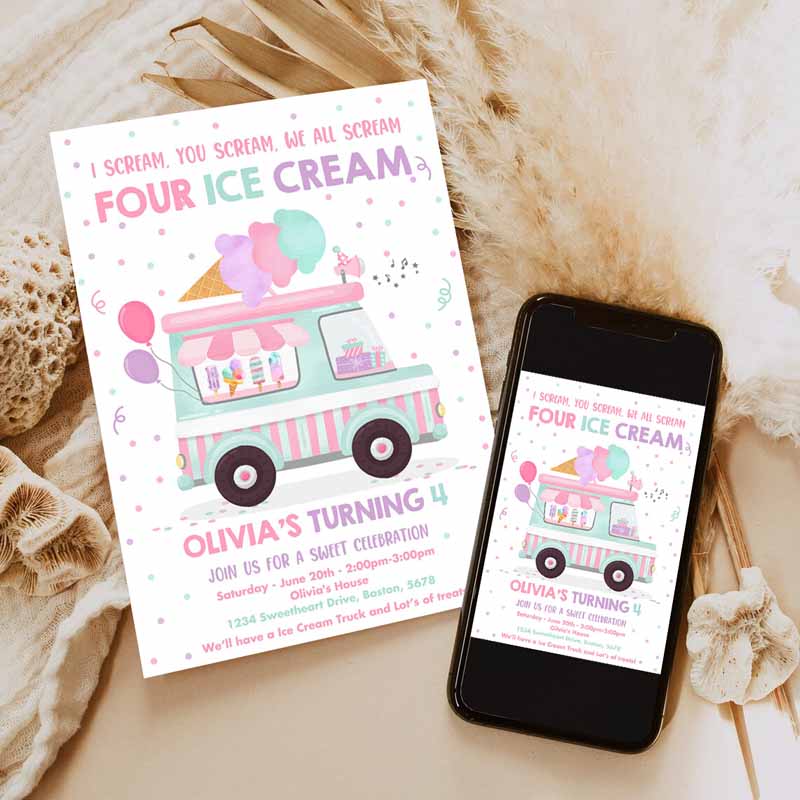 Ice Cream Truck Kids Birthday Invitation, I scream You Scream We All Scream Four Ice Cream Kids Birthday Party