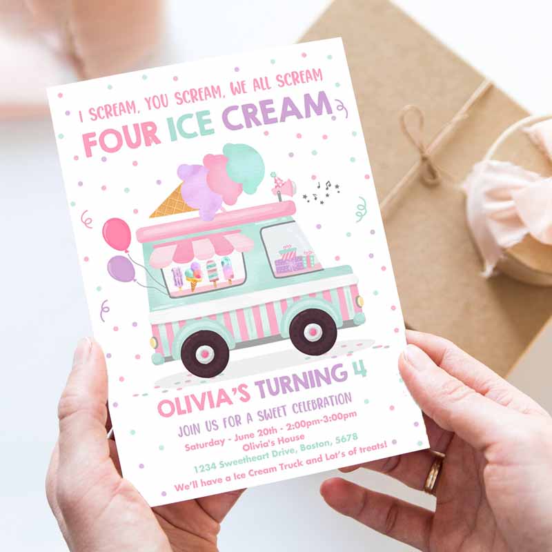 Ice Cream Truck Kids Birthday Invitation, I scream You Scream We All Scream Four Ice Cream Kids Birthday Party