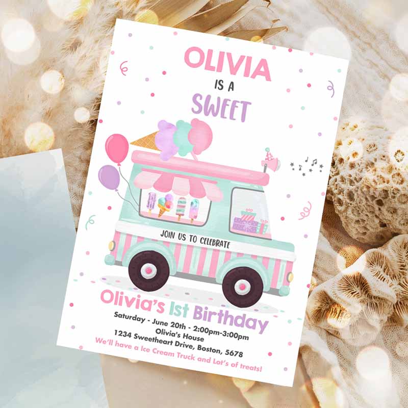 Ice Cream Truck Kids Birthday Invitation, Ice Cream Sweet One Party Invitation, Sweet One Ice Cream Kids Birthday