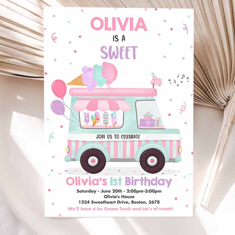 Ice Cream Truck Kids Birthday Invitation, Ice Cream Sweet One Party Invitation, Sweet One Ice Cream Kids Birthday