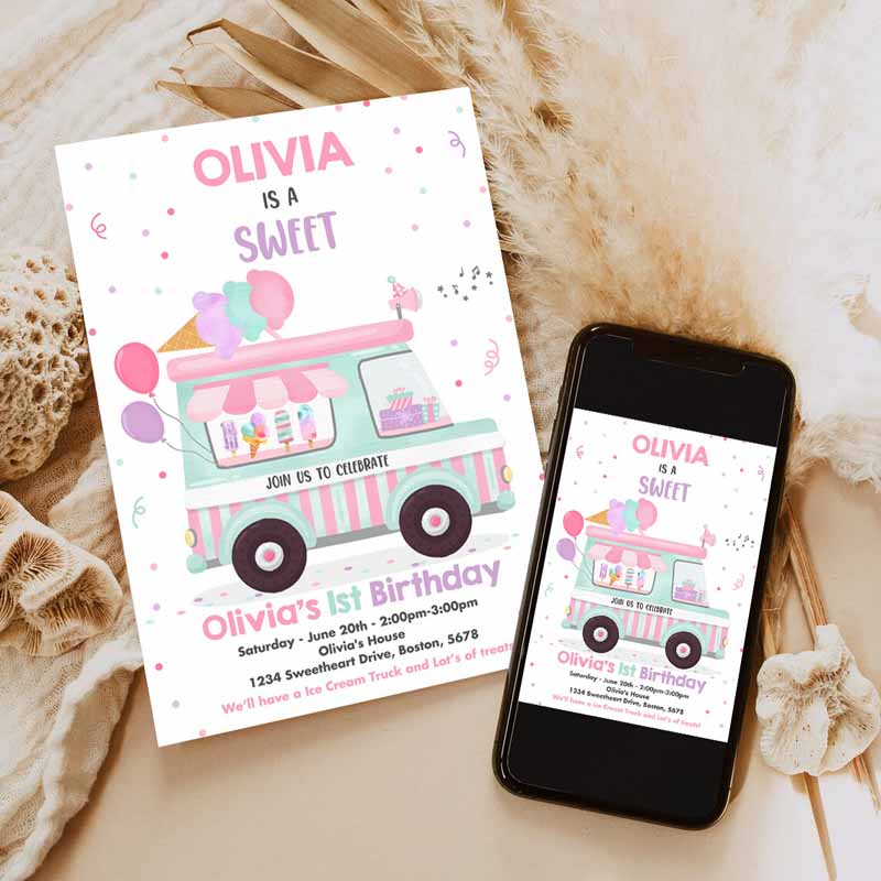 Ice Cream Truck Kids Birthday Invitation, Ice Cream Sweet One Party Invitation, Sweet One Ice Cream Kids Birthday