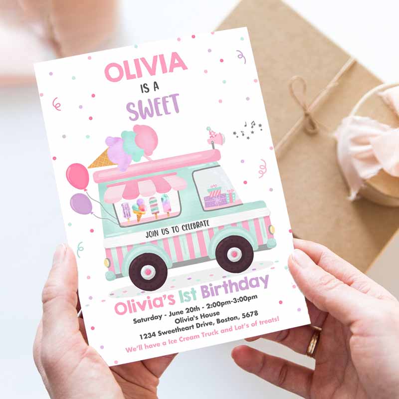 Ice Cream Truck Kids Birthday Invitation, Ice Cream Sweet One Party Invitation, Sweet One Ice Cream Kids Birthday