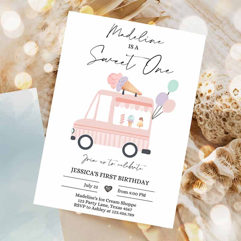 Ice Cream Truck Kids Birthday Invitation, Ice Cream Sweet One Modern Kids Birthday Party, First Invitation