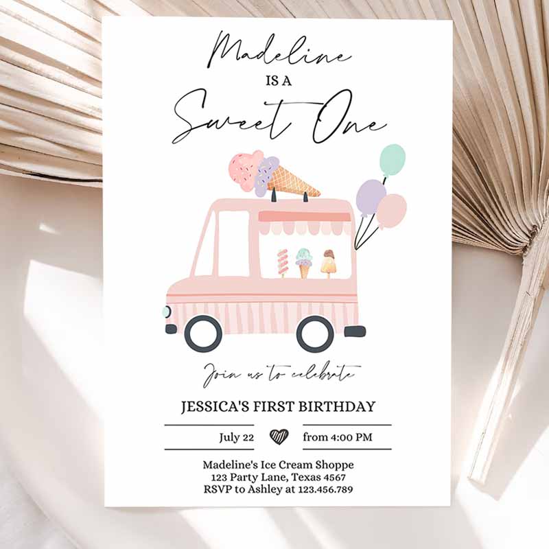 Ice Cream Truck Kids Birthday Invitation, Ice Cream Sweet One Modern Kids Birthday Party, First