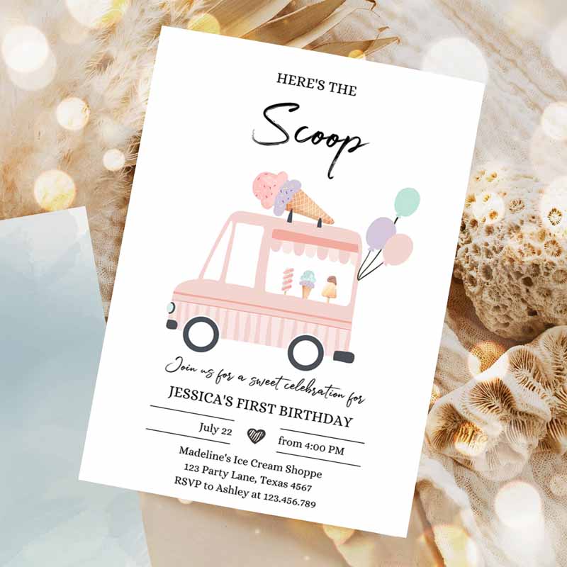 Ice Cream Truck Kids Birthday Invitation, Ice Cream Truck Invite Modern Ice Cream Shoppe Vane Scoop Invitation