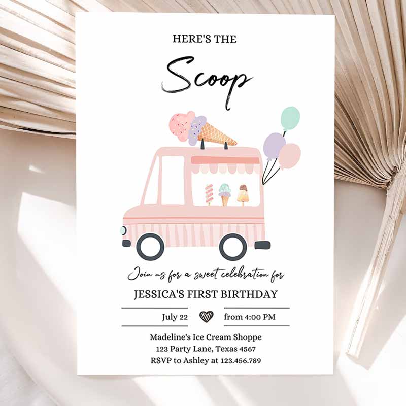 Ice Cream Truck Kids Birthday Invitation, Ice Cream Truck Invite Modern Ice Cream Shoppe Vane Scoop Invitation