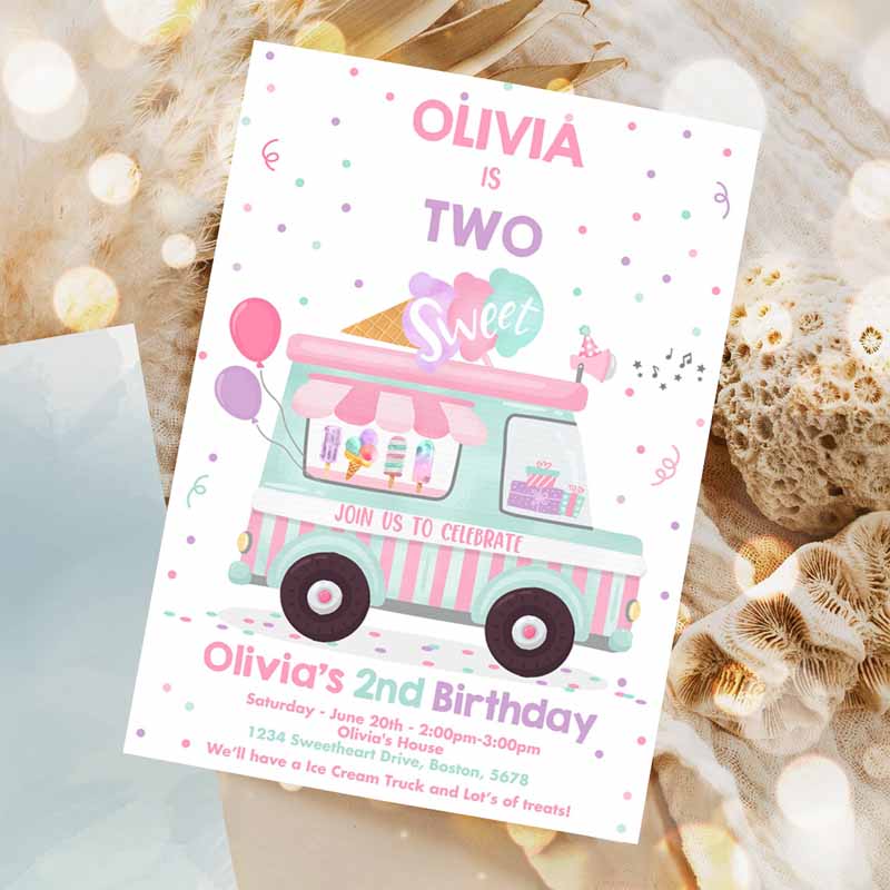 Ice Cream Truck Kids Birthday Invitation, Ice Cream Two Sweet Kids Birthday, Two Sweet Ice Cream Party Invitation