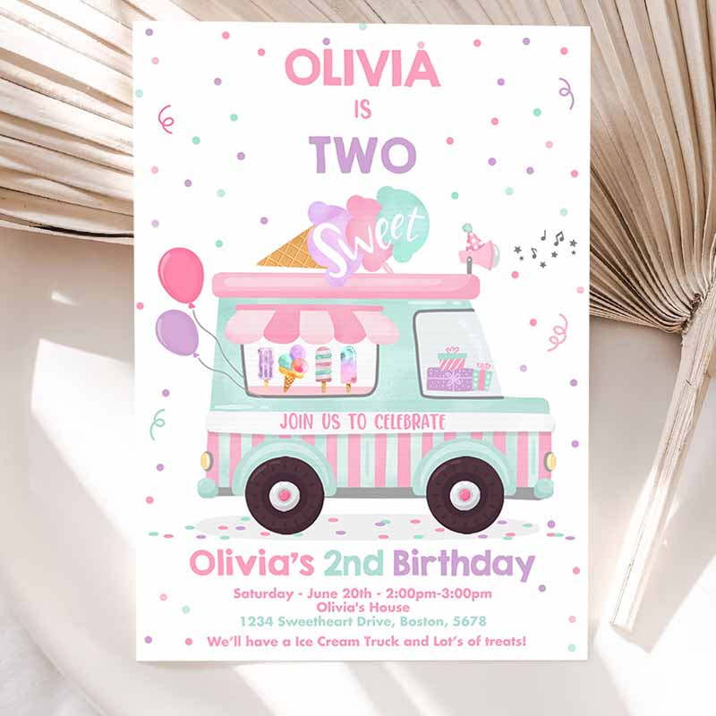 Ice Cream Truck Kids Birthday Invitation, Ice Cream Two Sweet Kids Birthday, Two Sweet Ice Cream Party