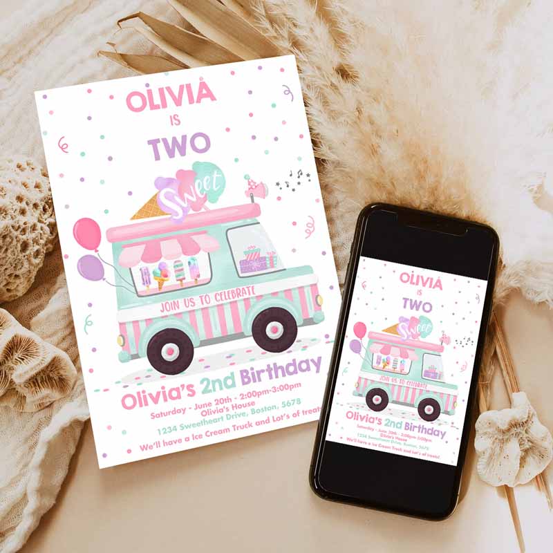 Ice Cream Truck Kids Birthday Invitation, Ice Cream Two Sweet Kids Birthday, Two Sweet Ice Cream Party