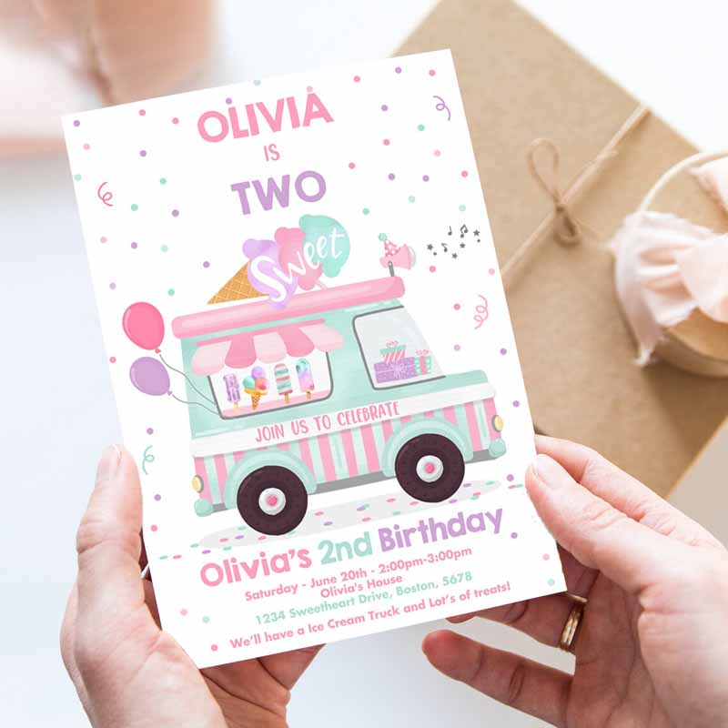 Ice Cream Truck Kids Birthday Invitation, Ice Cream Two Sweet Kids Birthday, Two Sweet Ice Cream Party