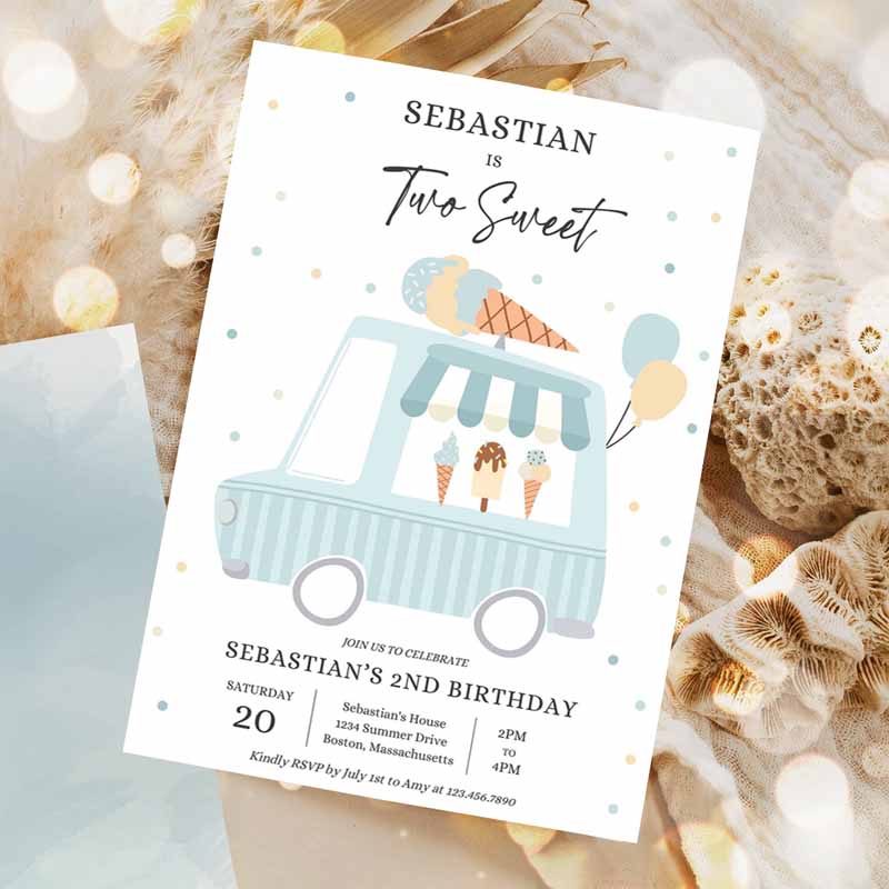 Ice Cream Truck Kids Birthday, Boy Ice Cream Two Sweet Kids Birthday Party, Two Sweet Ice Cream Party Invitation