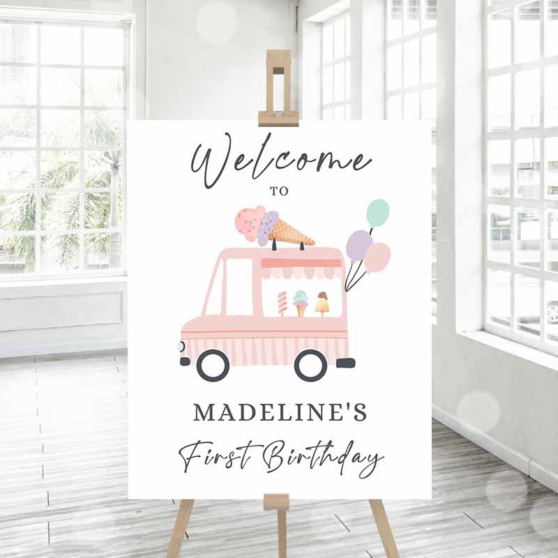 Ice Cream Truck Party, Welcome Sign, Ice Cream Kids Birthday, Welcome Scoop Modern Girl Summer Pink Purple