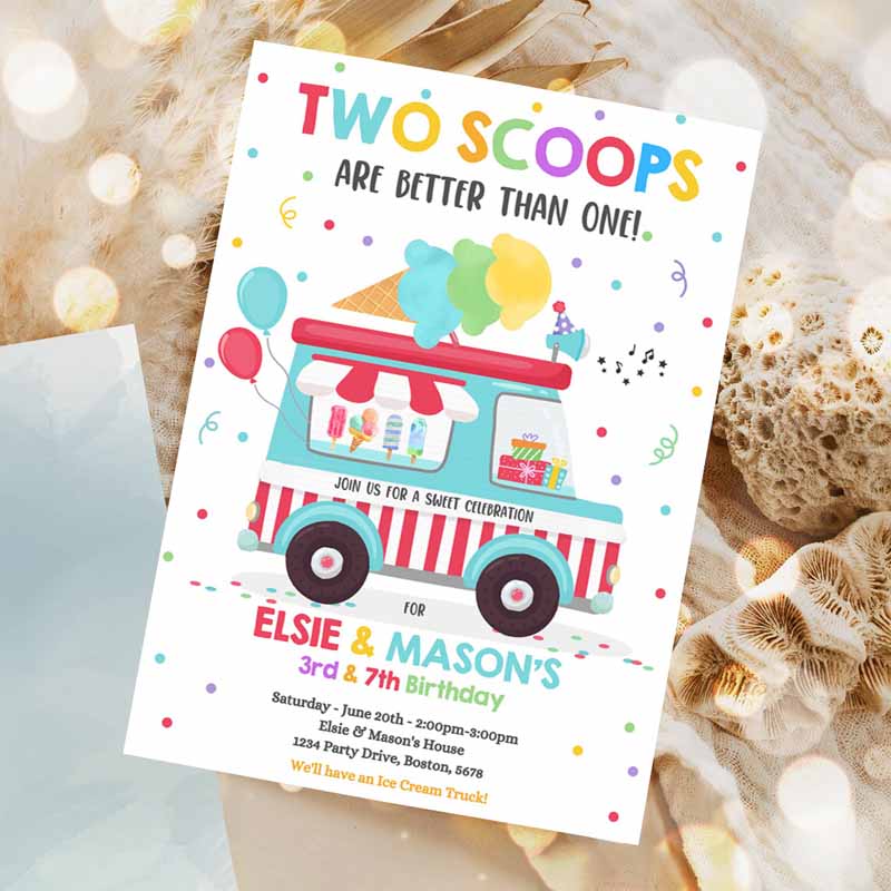 Ice Cream Truck Twin Kids Birthday Invitation, Twin Ice Cream Kids Birthday Invitation, Two Scoops Are Betteran One Party